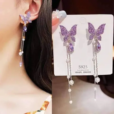 Purple Pearl Butterfly Drop Earrings